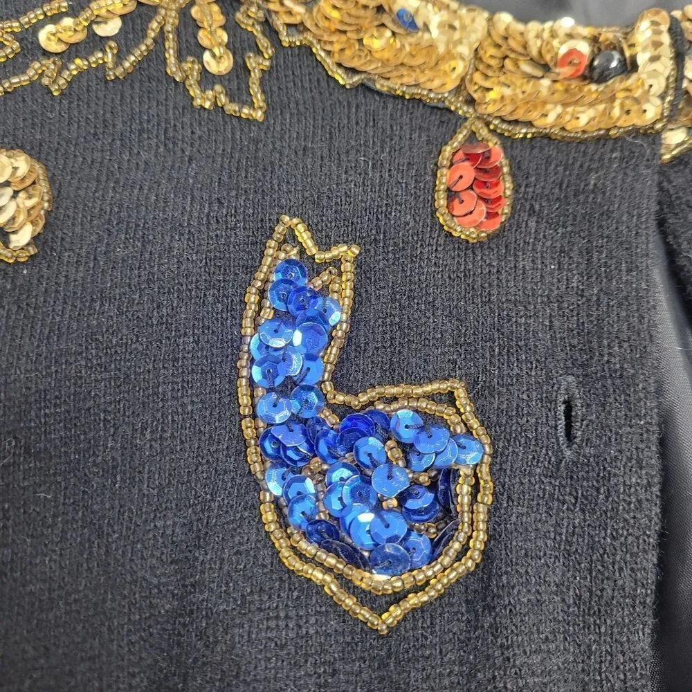 VINTAGE 80s cardigan black‎ sequined embellished wool angora sweater M